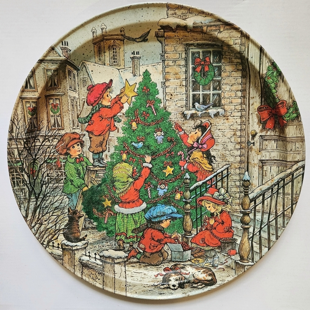 Vintage Wim Schimmer Children Decorating Tree Christmas Metal Tray Plate